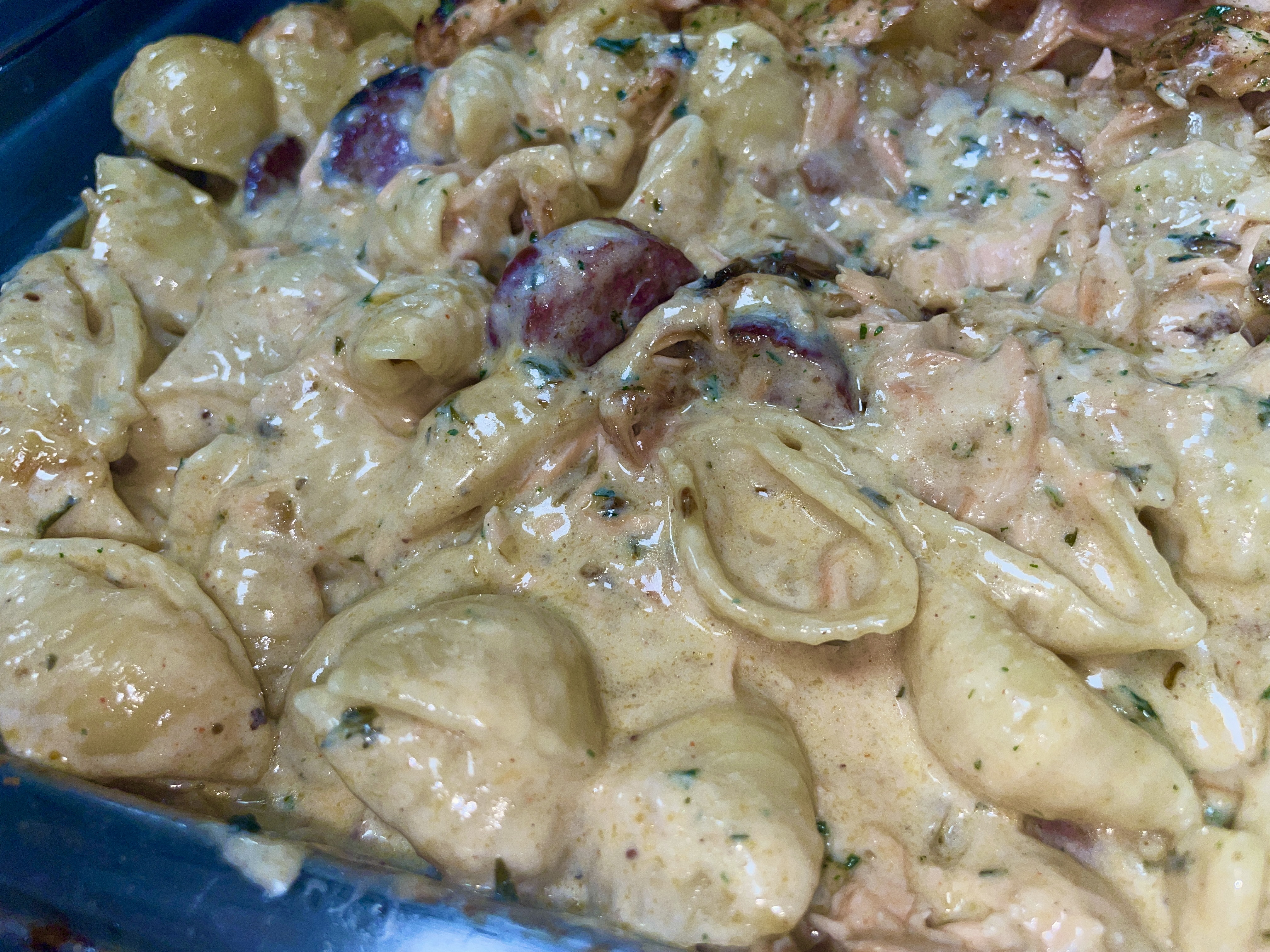 Creamy seafood pasta close-up